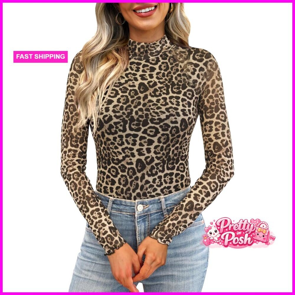 Long Sleeve Mesh Sheer Blouse Mock Neck Fitted Top - Picture 1 of 7